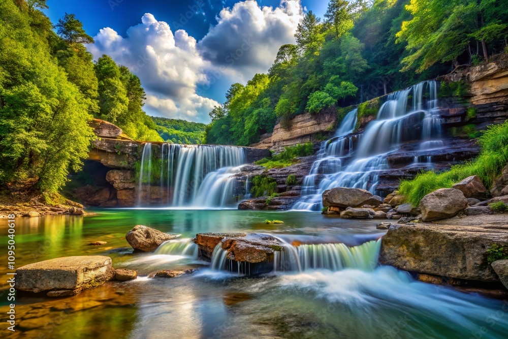 Obraz premium Majestic Waterfall Cascading Over Rocky Riverbed in Arkansas Surrounded by Lush Greenery and Natural Beauty, Captured in Stunning Candid Photography for Nature Lovers