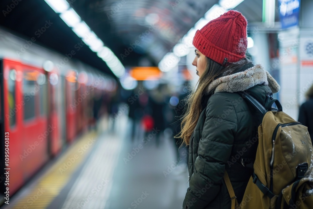 A woman waiting for a train at a subway station A woman waiting for a train at a subway station
