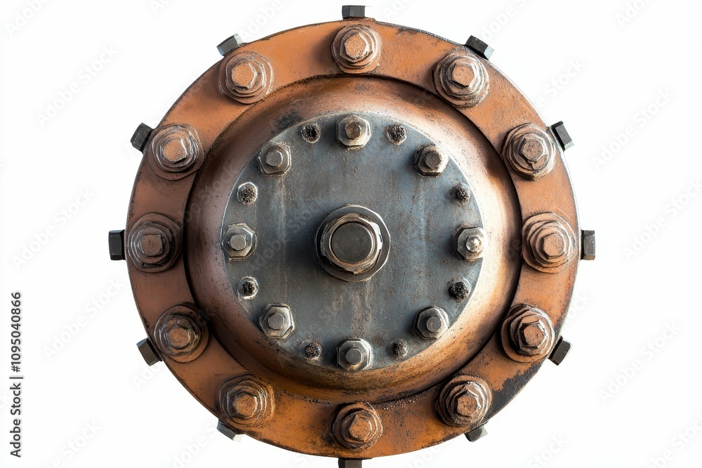 Fototapeta premium Rusty circular metal part, numerous bolts.