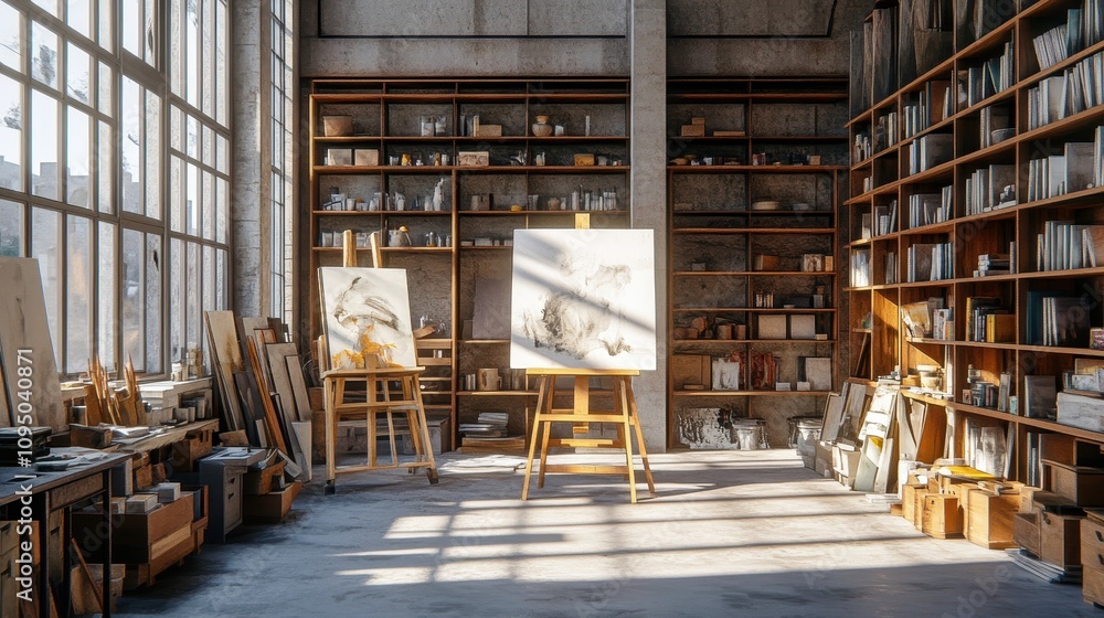 A spacious art studio with easels, shelves, and natural light for creative work. A spacious art studio with easels, shelves, and natural light for creative work.
