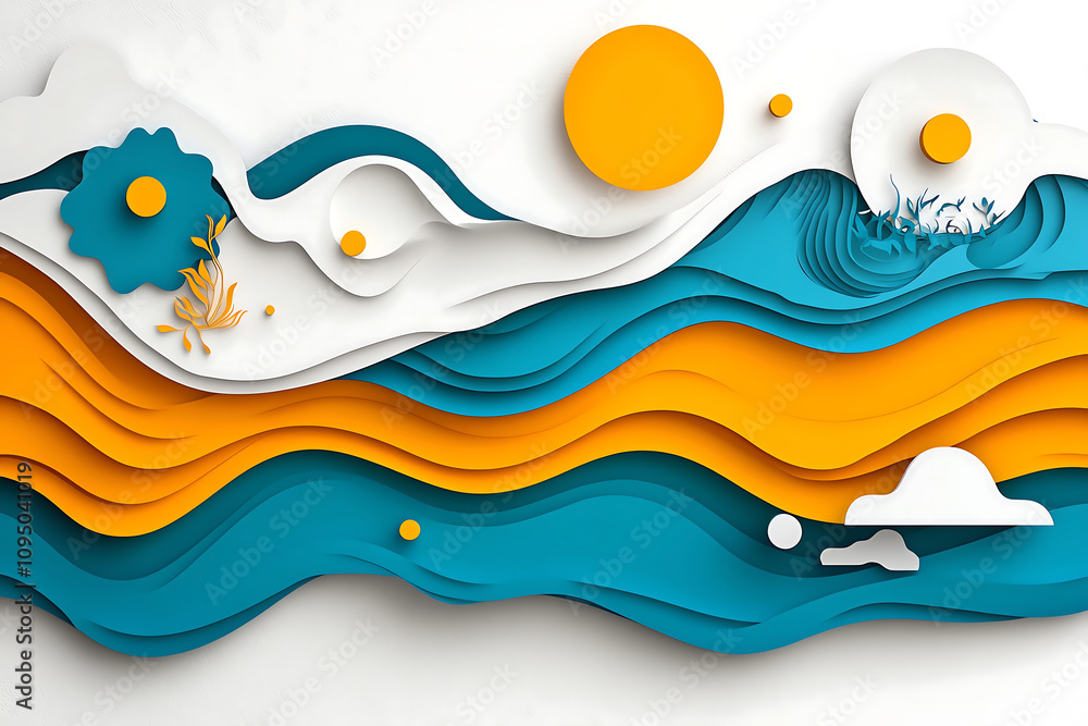 Naklejka premium Abstract fractal designs. Colorful abstract layers create vibrant landscape with waves, sun, and clouds, evoking sense of joy and creativity in design