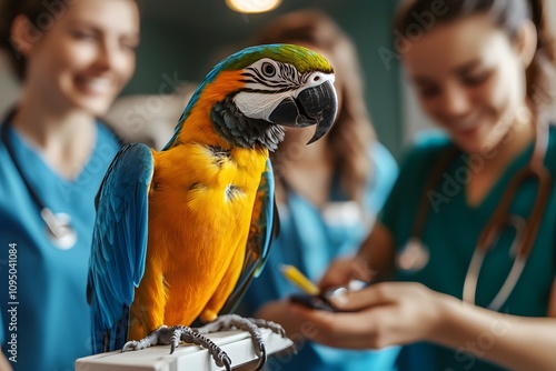 A group of veterinarians examining a colorful parrot on a perch, highlighting their teamwork and care in a vibrant clinic environment. photo