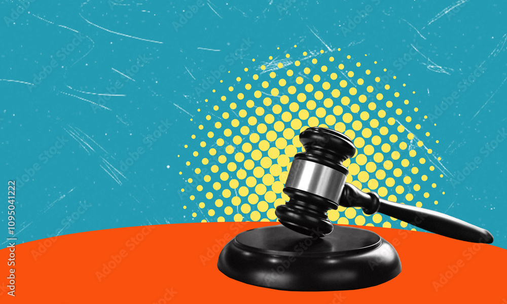 Contemporary art collage featuring a hand with a judicial hammer. Contemporary art collage featuring a hand with a judicial hammer.