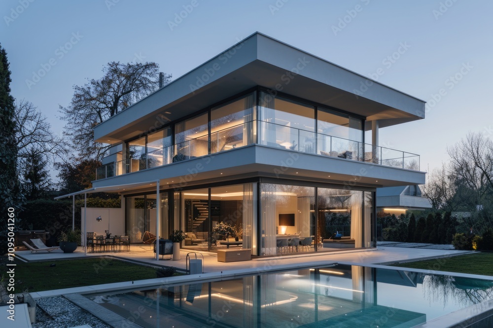 Fototapeta premium A modern house with a pool in the backyard, perfect for summer days and relaxation