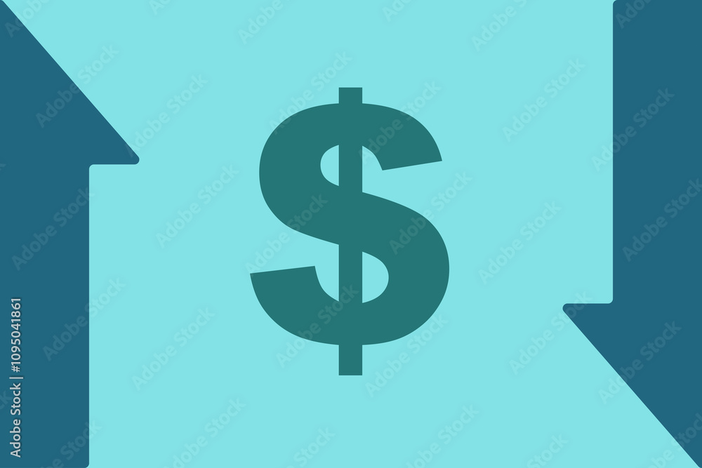 Increasing and decreasing concept. A dollar symbol, placed between upward and downward arrows against a blue setting. For dollar fluctuation themes. Increasing and decreasing concept. A dollar symbol, placed between upward and downward arrows against a blue setting. For dollar fluctuation themes.