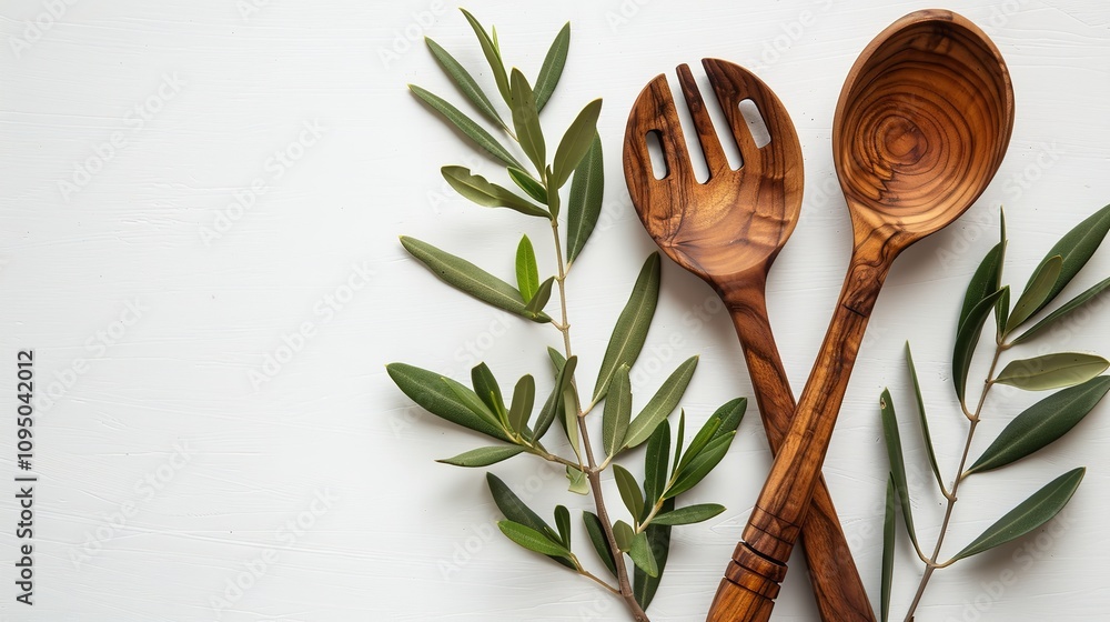 An olive tree branch a rustic wooden fork and spoon and a studio-clean white background are shown in close-up and top views with space, Generative AI. An olive tree branch a rustic wooden fork and spoon and a studio-clean white background are shown in close-up and top views with space, Generative AI.