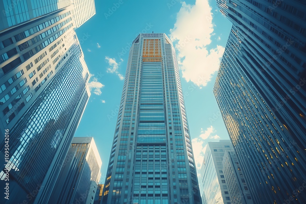 Fototapeta premium Blue-toned Modern Cityscape Steel & Glass High-Rise Facades