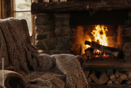 A single armchair in front of burning fireplace cozy indoors warm living room in winter
