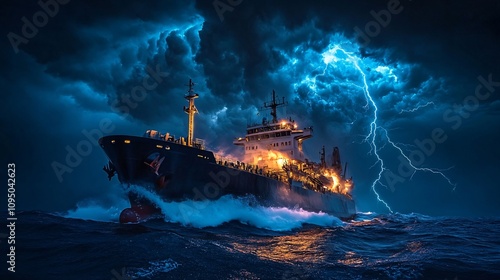 a thunderstorm at night on the sea with a big ship and rain
