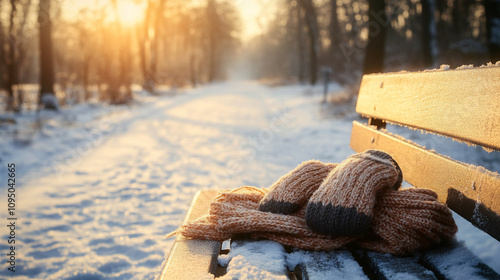  wool mittens forgotten in apark bench covered in snow ing winter outside gloves in a street bank photo