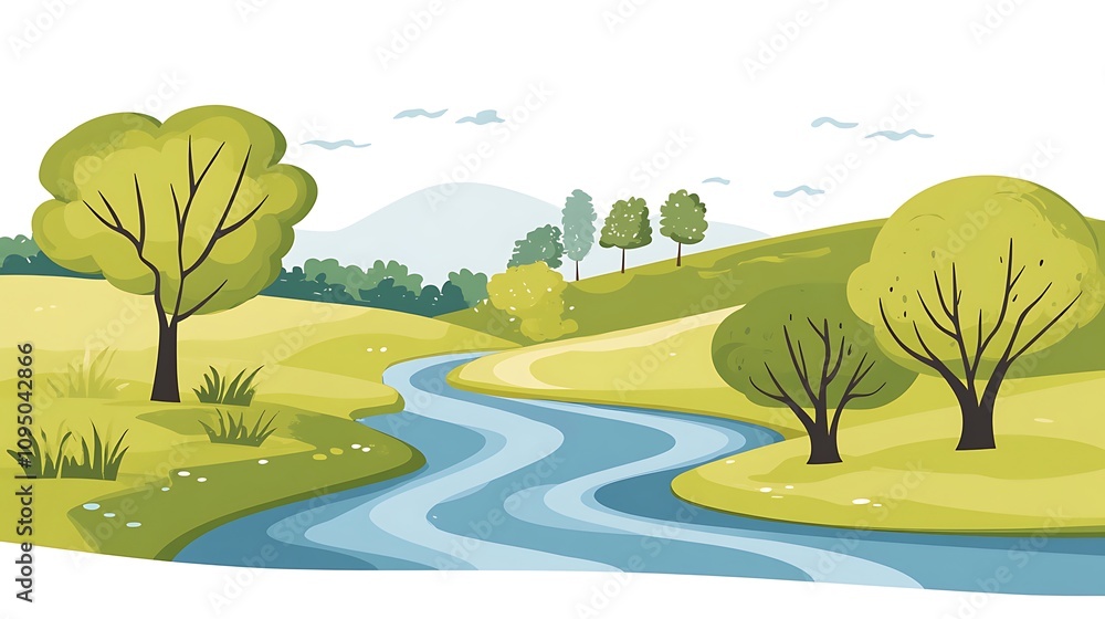 A simple cartoon drawing of a meandering river with blue lines representing the water flow, bordered by playful trees along its banks A simple cartoon drawing of a meandering river with blue lines representing the water flow, bordered by playful trees along its banks