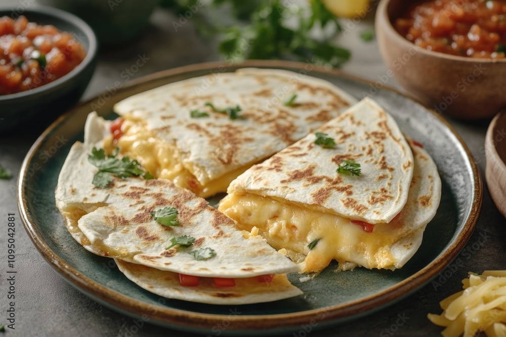 A plate of delicious quesadillas ready to be served, perfect for a casual meal or party A plate of delicious quesadillas ready to be served, perfect for a casual meal or party