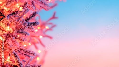 Wallpaper Mural Close-up of a snow-covered evergreen branch adorned with warm-toned string lights against a soft pink and blue background. Festive and dreamy winter mood. Torontodigital.ca