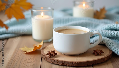 Cozy autumn coffee cup with candles and decorative leaves on a wooden table for a warm atmosphere, AI Generation