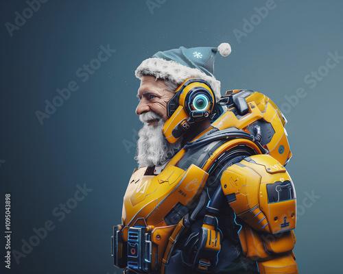 Smiling Happy face of cyber futuristic Santa Claus. Side view.