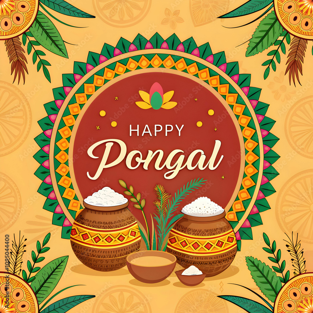 Fototapeta premium A vibrant yellow background for Happy Pongal festival captures traditional elements like kolams