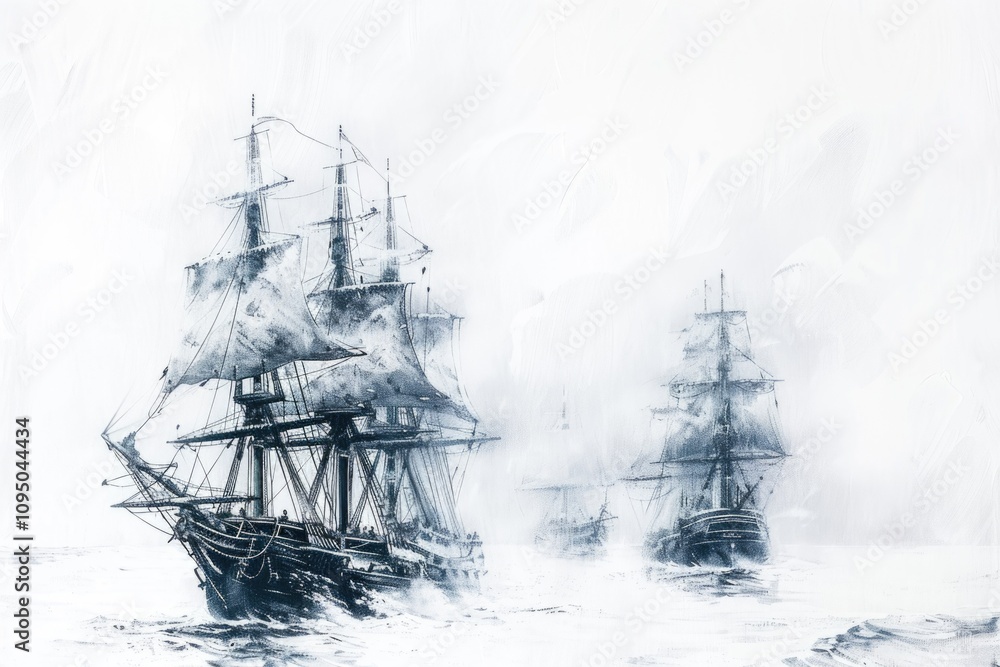 Picture of three sailing ships on the open ocean Picture of three sailing ships on the open ocean