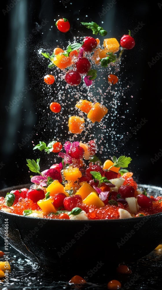 Fresh fruits and vegetables dance mid-air, caught in a moment of vibrant splendor, as water droplets sparkle against a dark background, enticing the senses Fresh fruits and vegetables dance mid-air, caught in a moment of vibrant splendor, as water droplets sparkle against a dark background, enticing the senses