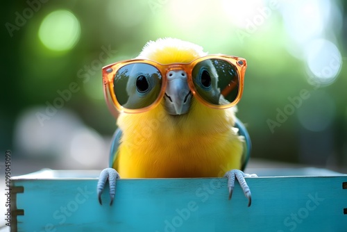 Small parrot with tiny sunglasses, white background, vibrant colors. National Dress Up Your Pet Day photo