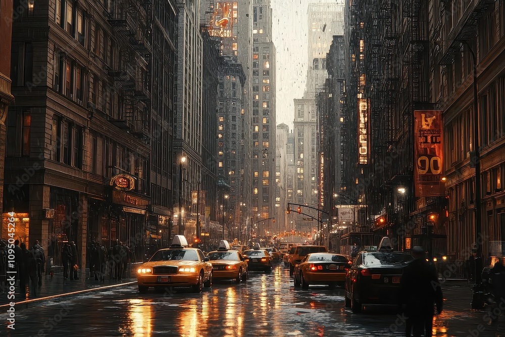 Fototapeta premium Rainy Cityscape with Cars and Streetlights, Exploring Urban Architecture and City Life