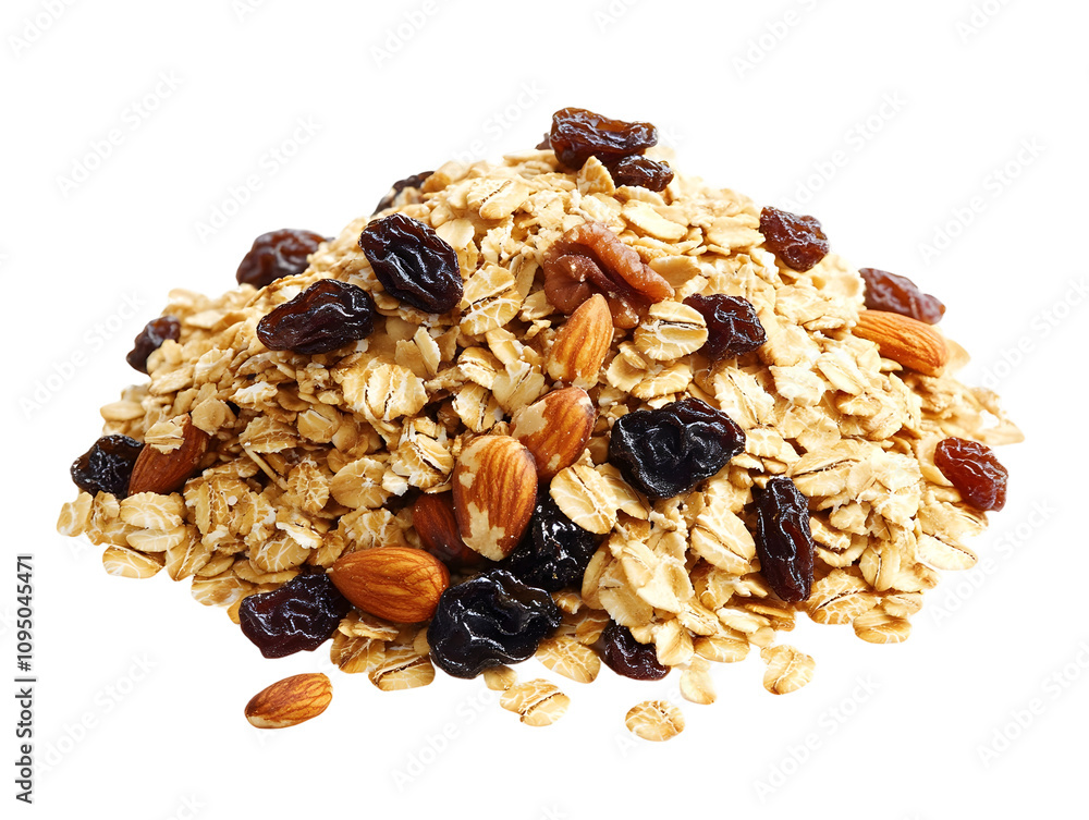 a pile of oatmeal with raisins and nuts a pile of oatmeal with raisins and nuts