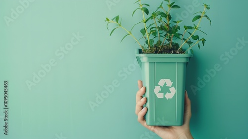 A studio clean light blue background with a writing space features a close-up of a hand holding a green recycling trash can with a logo and a plant sprouting on it, Generative AI.
