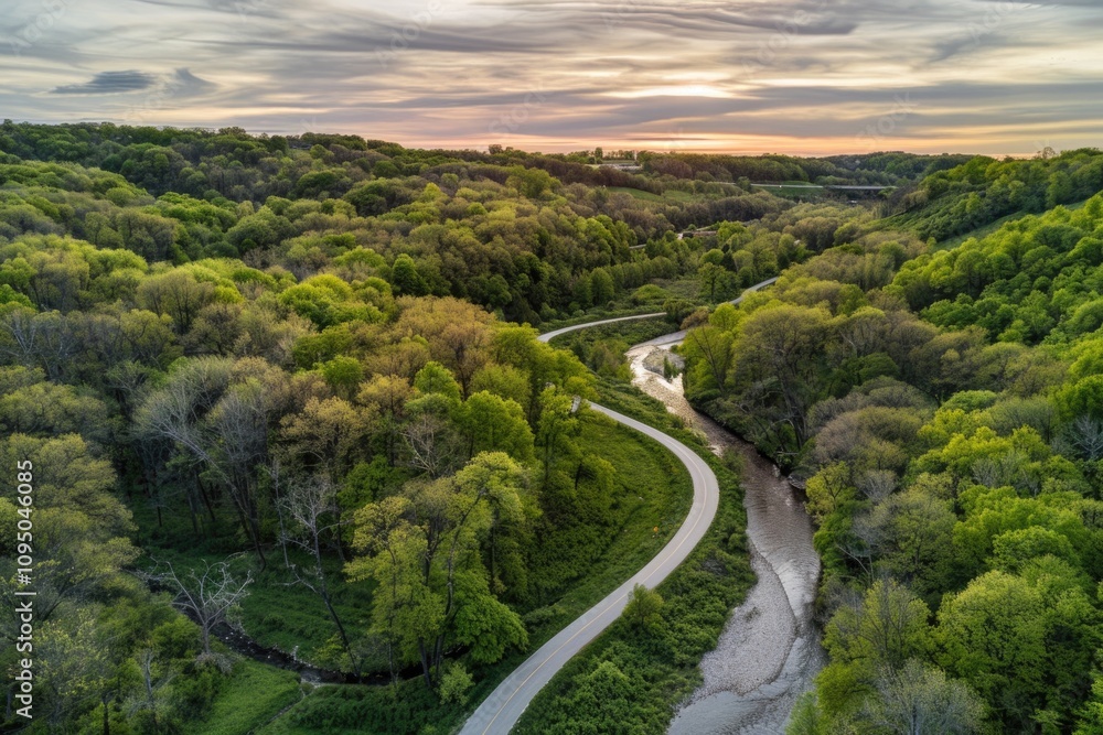 A scenic view of a winding road surrounded by dense foliage and lush greenery A scenic view of a winding road surrounded by dense foliage and lush greenery