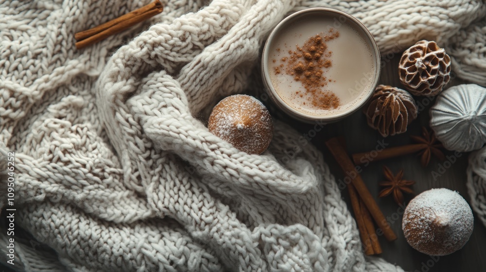 Cozy Winter Scene with Hot Drink, Knitted Blanket, and Cinnamon Sticks Cozy Winter Scene with Hot Drink, Knitted Blanket, and Cinnamon Sticks