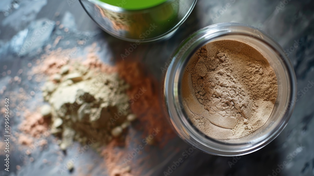 A close-up view of a jar of powder sitting on a table A close-up view of a jar of powder sitting on a table