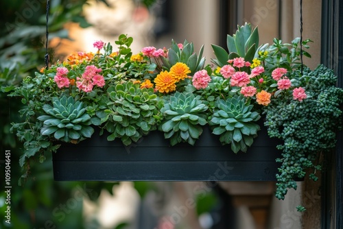 Vibrant Hanging Planter with Succulents and Flowers