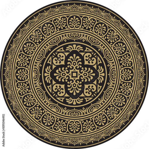 Vector round gold with black border, frame, Pompeii ring. Circle Neopolitan ornament. Art of Ancient Rome