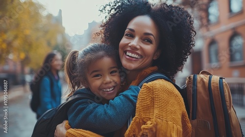 A working mom picking up her children from school, exchanging cheerful greetings with a teacher as her kids run to hug her. The scene captures reunion and warmth 
