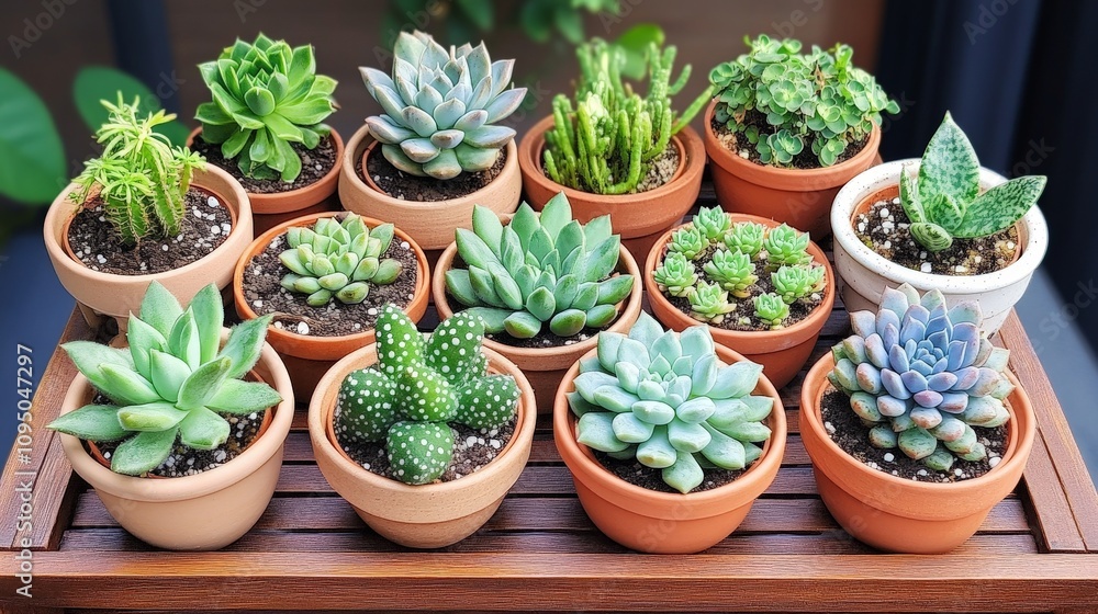 A vibrant display of various potted succulents arranged on a wooden surface, showcasing diverse shapes and colors. A vibrant display of various potted succulents arranged on a wooden surface, showcasing diverse shapes and colors.