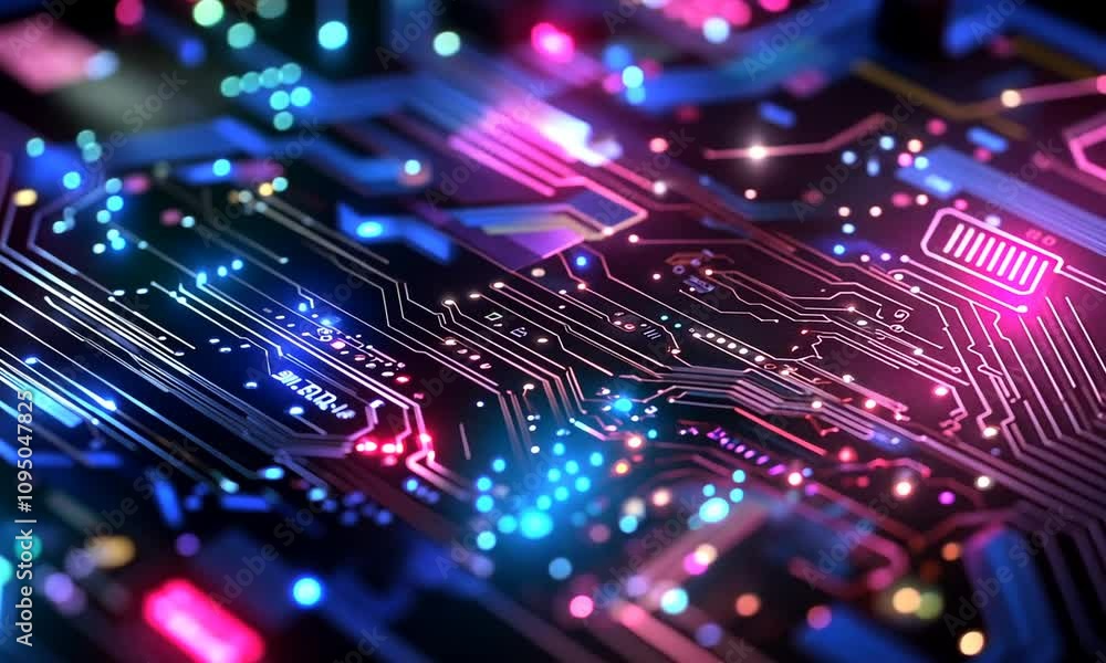 Futuristic glowing circuit board with pink and blue lights. Futuristic glowing circuit board with pink and blue lights.