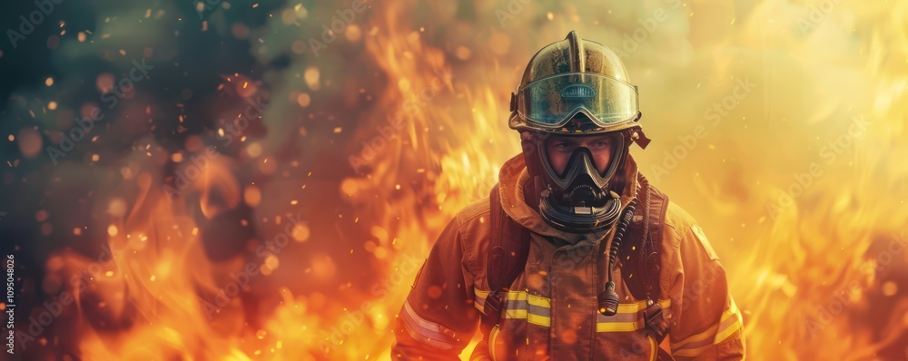 Firefighter Battling Flames in Full Protective Gear. Firefighter Battling Flames in Full Protective Gear.