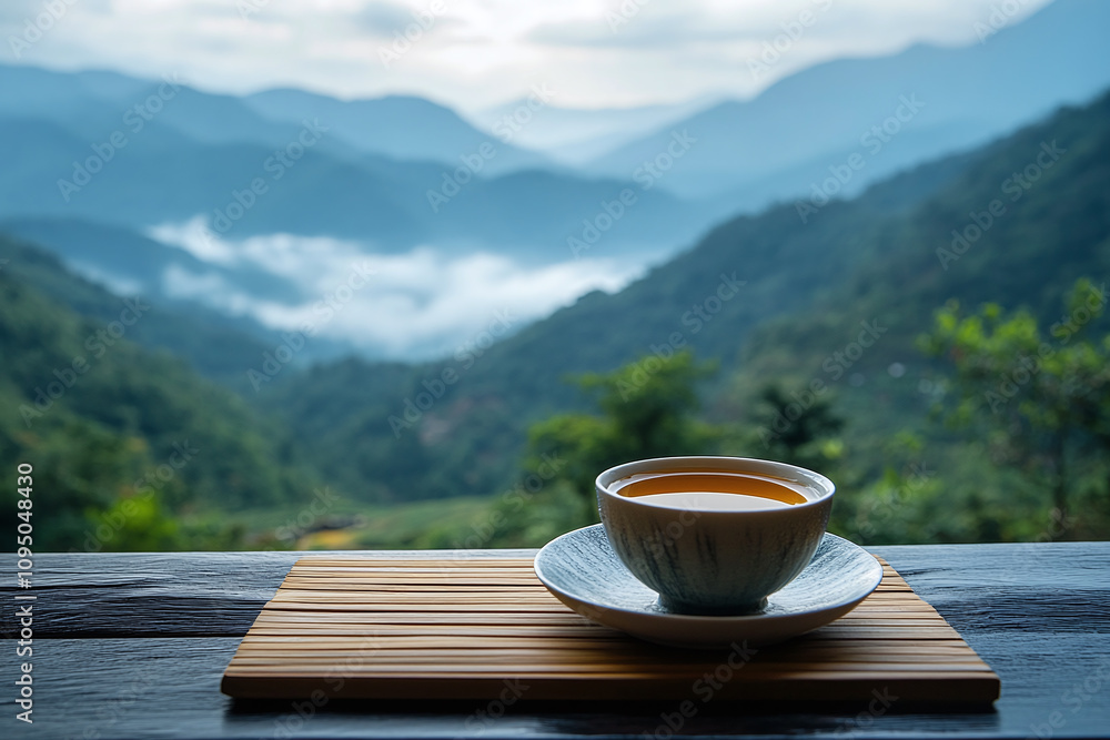 A tranquil cup of tea set against a stunning mountain view. A tranquil cup of tea set against a stunning mountain view.