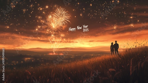 Silhouette of a Couple Watching Fireworks on a Hilltop with a Cityscape in the Distance and 