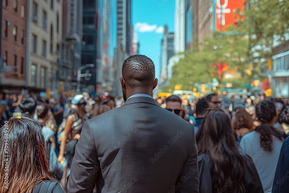 Businessman Back View Sunlit City Street Rush Hour Businessman Back View Sunlit City Street Rush Hour