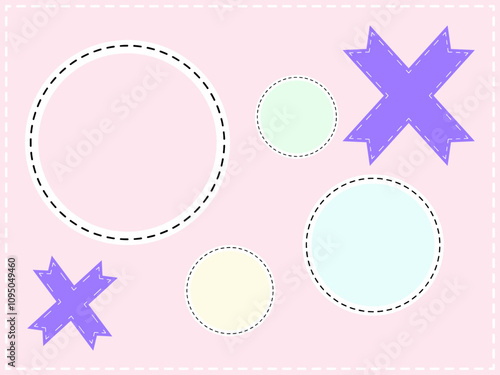 Flat geometric illustration of stitched patchwork with circles and ribbon
