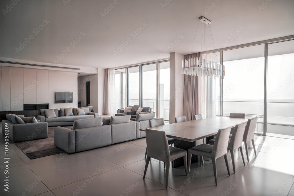 Spacious open-plan dining and living area with large gray sectional sofa, glass dining table, and panoramic windows, offering natural light and a modern minimalist design. Contemporary interior stylin Spacious open-plan dining and living area with large gray sectional sofa, glass dining table, and panoramic windows, offering natural light and a modern minimalist design. Contemporary interior stylin
