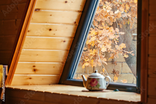 Oak branches with yellow autumn leaves outside the window in garden