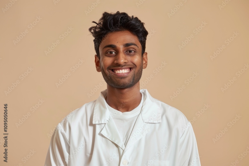 Fototapeta premium A smiling professional in a white lab coat, perfect for medical or scientific illustrations