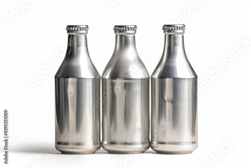 Three empty metal bottles sit side by side on a clean white background