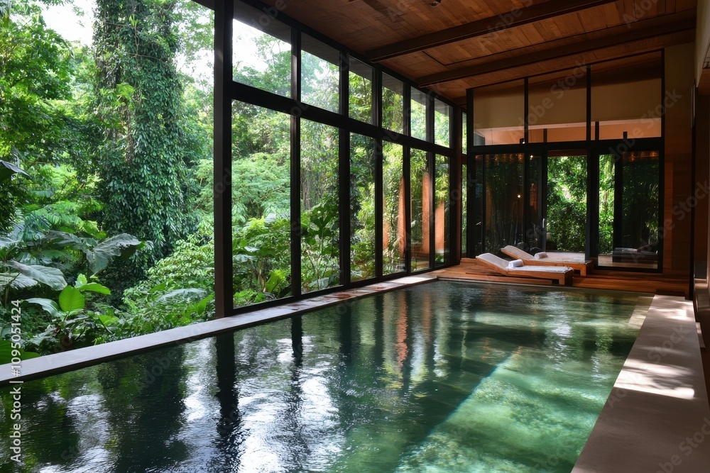 Fototapeta premium A serene indoor pool surrounded by lush greenery and large windows, promoting relaxation.