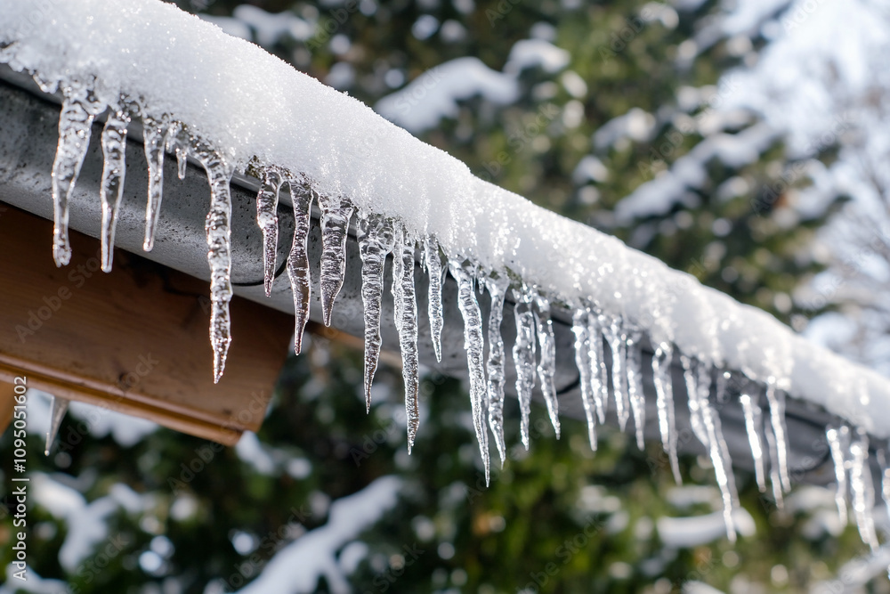 Close-up of icicles hanging from a roof with snow-covered trees in the background Close-up of icicles hanging from a roof with snow-covered trees in the background