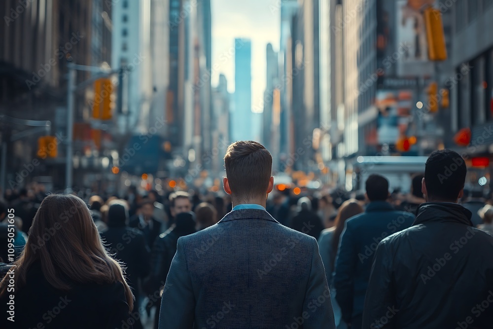 Businessman in Sunlit Urban Crowd Businessman in Sunlit Urban Crowd