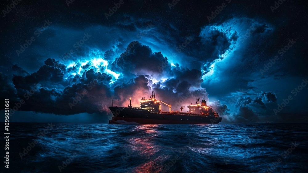 a thunderstorm at night on the sea with a big ship and rain a thunderstorm at night on the sea with a big ship and rain