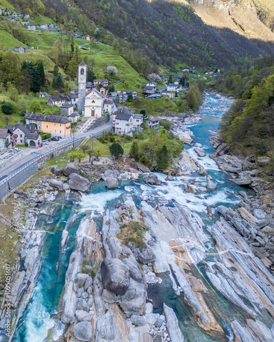 Lavertezzo Village drone view in Valle Verzasca of Switzerland