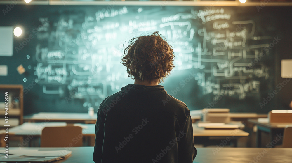 Student sitting alone in a dimly lit classroom, contemplating complex formulas on a chalkboard in an inspiring and academic atmosphere. Student sitting alone in a dimly lit classroom, contemplating complex formulas on a chalkboard in an inspiring and academic atmosphere.