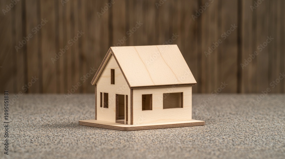 A small wooden model house on a textured surface, set against a rustic backdrop, showcasing craftsmanship and design. A small wooden model house on a textured surface, set against a rustic backdrop, showcasing craftsmanship and design.